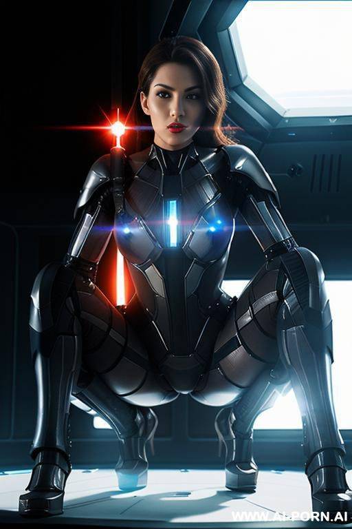 (close up) (woman soldier) (transparent combat suit) (spaceship reactor room) (crouching on platform) (double laser sword) (laser weapon) (full combat kit) - #main