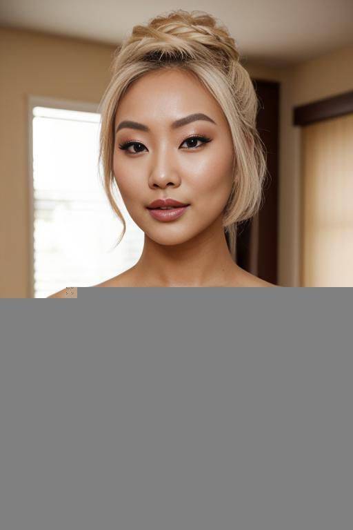 an asian woman with blonde hair in an updo. she is totally nude. she has very large areolas and big nipples. her pussy is unshaven and dark thick hair. she has a muscular curvy body. - #main