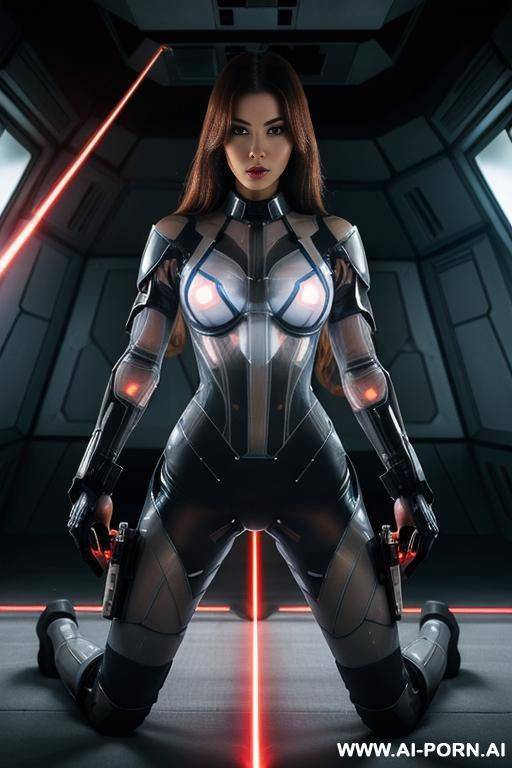 (close up) (woman soldier) (transparent combat suit) (spaceship reactor room) (lunging pose) (double laser sword) (laser weapon) (full combat kit) - #main