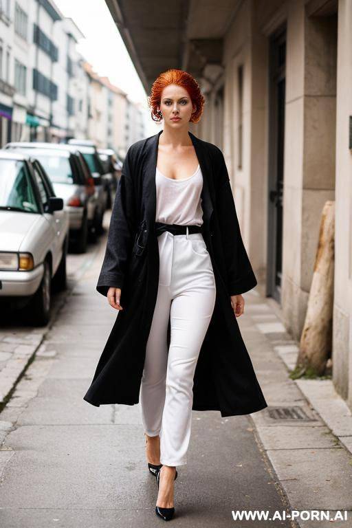 wife, walks with wide strides, short white wet transparent t-shirt, slender legs, tanned - #main