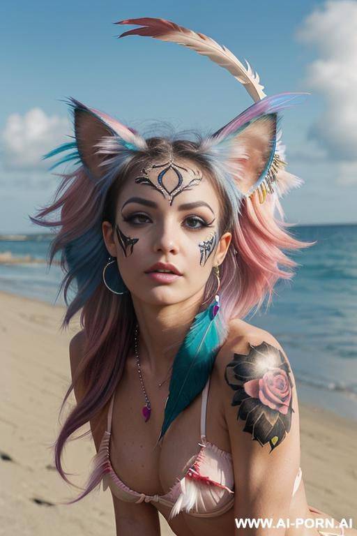 face, sexy, beautiful, ((face painting)), ((bikini as seashell)), ((tattoo roses)), ((eyes shw)), ((angel wings)), ((rainbow hair)), ((long bu hair)), ((wind)), (( cat face)), (( cat ears)), (((feather - #main