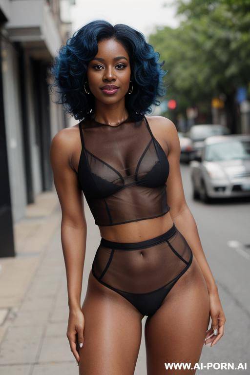 a fit black woman in a transparent top, mo underwear . her hair is styled in glamorous, loose curls, and she’s standing on a busy street , exuding mystery and allure with a hint of playfulness. - #main