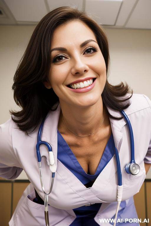 (suburban mom) (nurse) (close up) (bending down) (smiling) (scrubs) (exam room) - #main