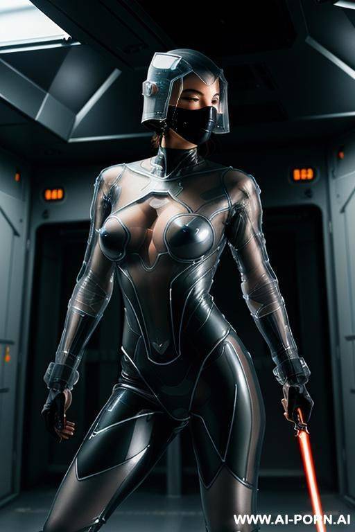 (close up) (woman soldier) (transparent clear invisible stealth ninja combat suit) (exposing breasts) (spaceship reactor room) (sword lunge pose) (holding laser sword) - #main