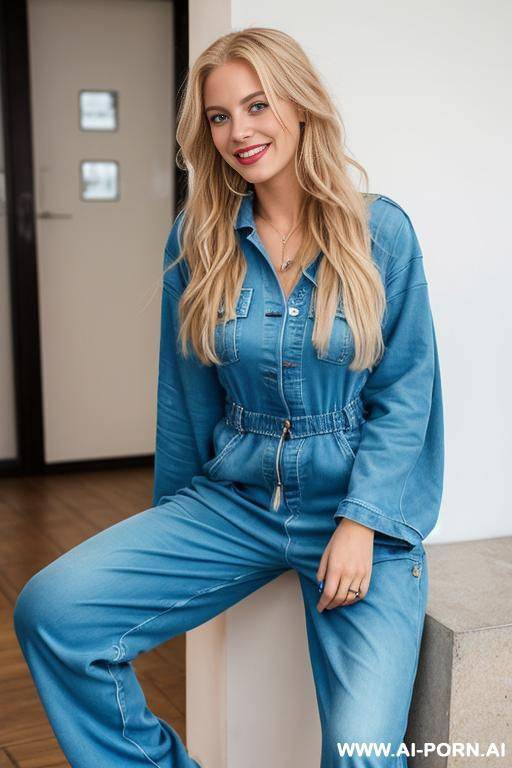 a european woman, smiling, 20 years old, blue eyes, long blond hair, very messy hair, lips, jean jumpsuit, full body view - #main