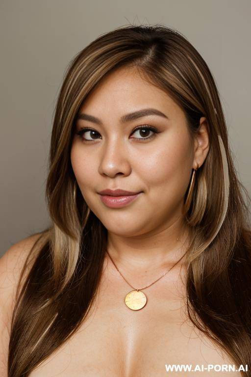 (((long shot))), couple, interracial, posing together, earrings, ((blond highlights)), simple background, (((fat face))), (((round face))), (((extremely long hair))), looking at viewer, ((front facing)), front - #main