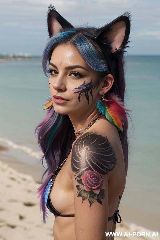 face, sexy, beautiful, ((face painting)), ((bikini as seashell)), ((tattoo roses)), ((eyes shw)), ((angel wings)), ((rainbow hair)), (( expression)), ((long bu hair)), ((wind)), (( cat face)), (( cat - #main