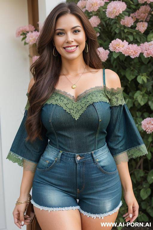 woman with wide hips and thick thighs, full body, long brown hair, wide smile, wearing blue denim shorts, wearing a loose green lace blouse with flowers - #main