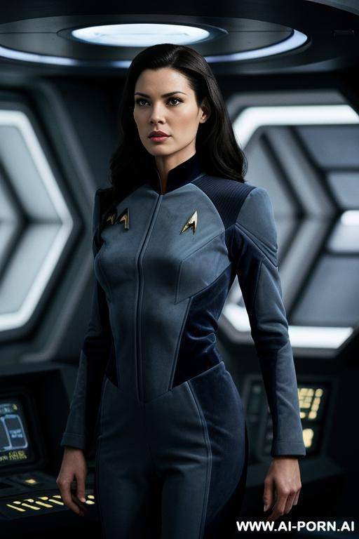 athletic woman with wavy dark hair. wearing a darkgrey-blue velvet starfleet-suit from star trek the next generation. standing. bridge of the new starship enterprise. - #main