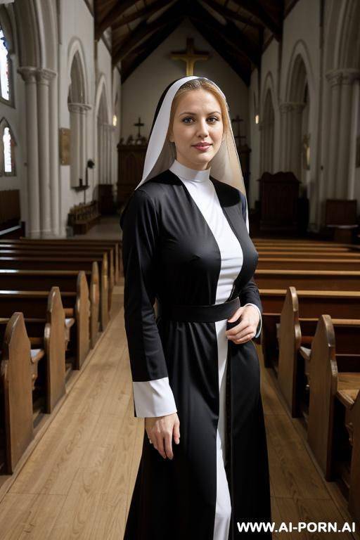 a beautiful nun . in the church . dressed in their usual clothes , but she looks very sexy and has the emotion that she is about to seduce the whole world . k quality . vivid picture . photo of a nun up to half body . huge breasts . - #main