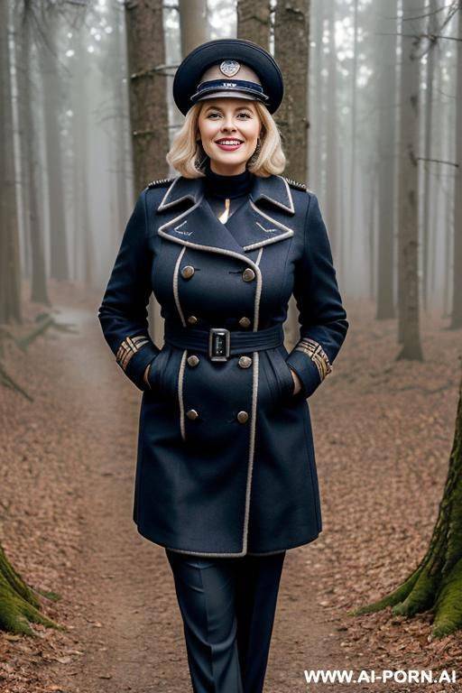 ((gorgeous germanic woman)) ((beautiful face)), ((high cheekbones)), ((short curvy hair)), ((full body view)), (((wearing a realistic naval captain hat))), short hair. (((wearing a realistic peacoat))) - #main