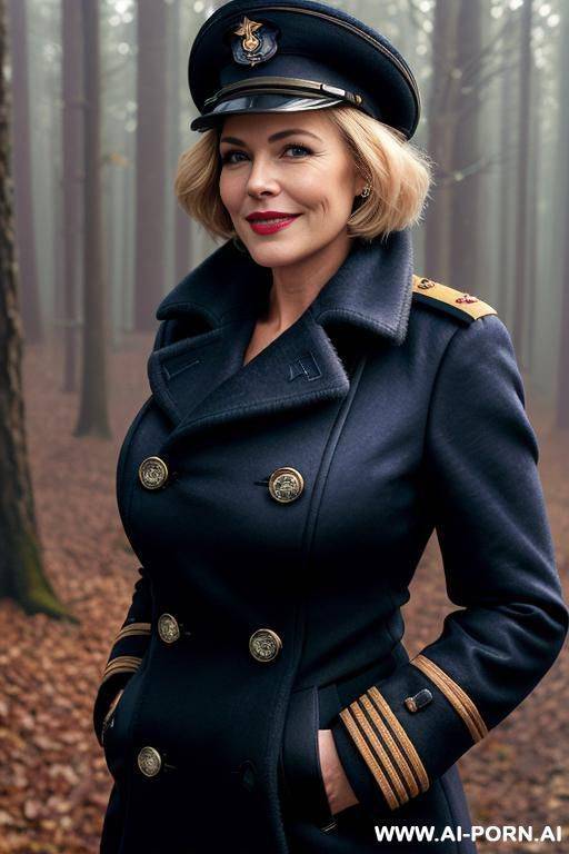 ((gorgeous woman)) ((beautiful face)), ((high cheekbones)), ((short curvy hair)), (((wearing a realistic naval captain hat))), short hair. (((wearing a realistic peacoat))) ((buttoned up coat)) ((closed - #main