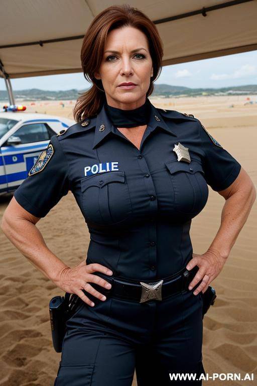 beautiful milf, cougar, professional police uniform, strong body, wide hips, strong makeup, full body shot, tanned, - #main