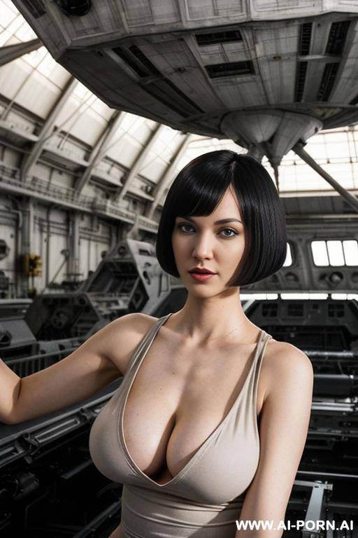 (woman spaceship engineer) (bob haircut) (loose fitting low cut black tank top) (nip slip) (spaceship factory) - #main