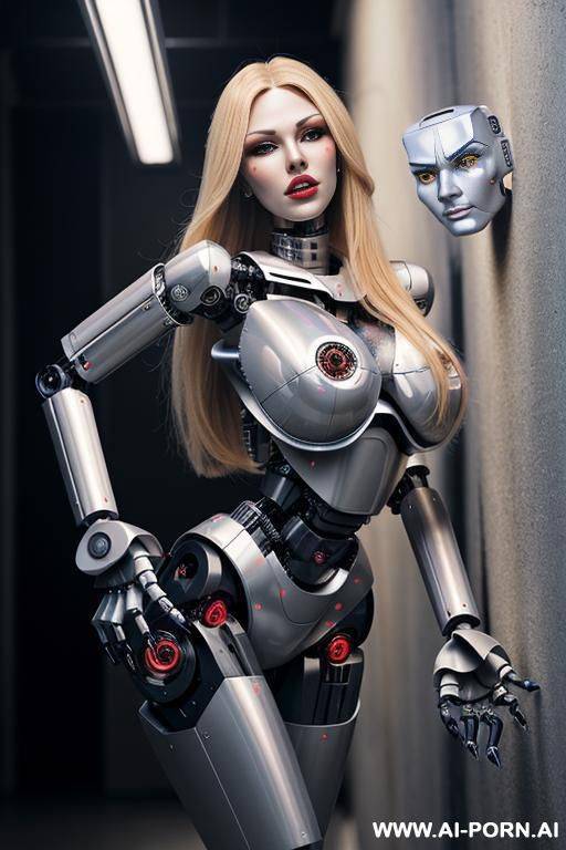robot, front view, full body view, leaning back against wall, looking at viewer, angry face, open mouth, shouting, beautiful, long straight blonde hair, big lips, wide jaw, heavy makeup, silicone - #main