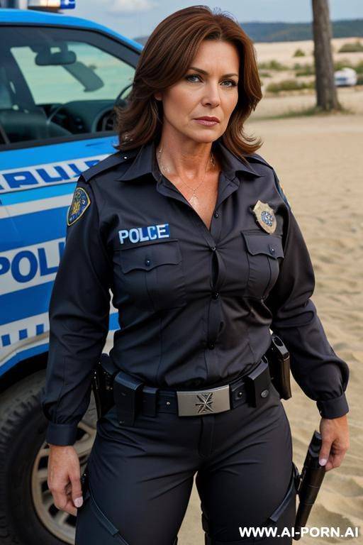 beautiful milf, cougar, professional police uniform, strong body, wide hips, strong makeup, full body shot, tanned, - #main