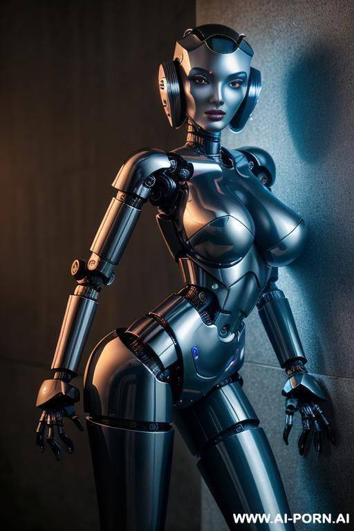 robot, front view, full body view, leaning back against wall, looking at viewer, silicone skin, fully robotic body, huge robotic tits, shapely robotic arms, shapely robotic legs, big robotic ass, - #main