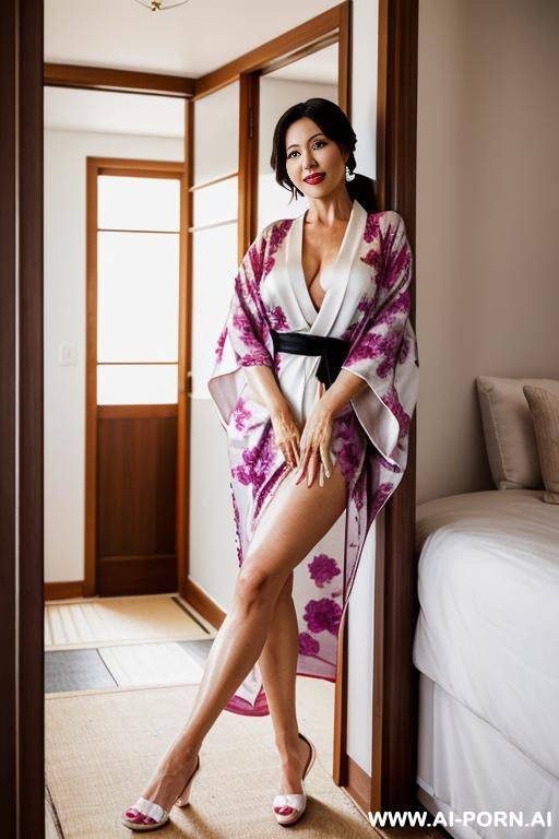 perfect face, beautiful mature mum, leaning in the doorframe, bedroom door, seductive positive look, fulltransparent morning kimono, highheel bedroom slippers with fur - #main