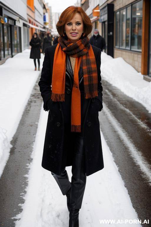 very hairy, , tall, sexy, orange scarf covering completely naked breasts, black pat leather high heels, walks with wide strides, city center, lots of snow - #main