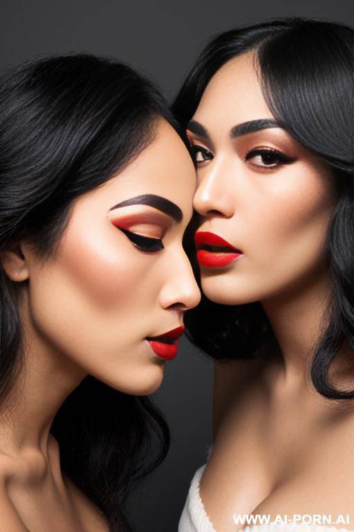 thick hair, beautiful femi oval face, black eyebrows, straight nose, plump bright red lips folded into a kiss - #main