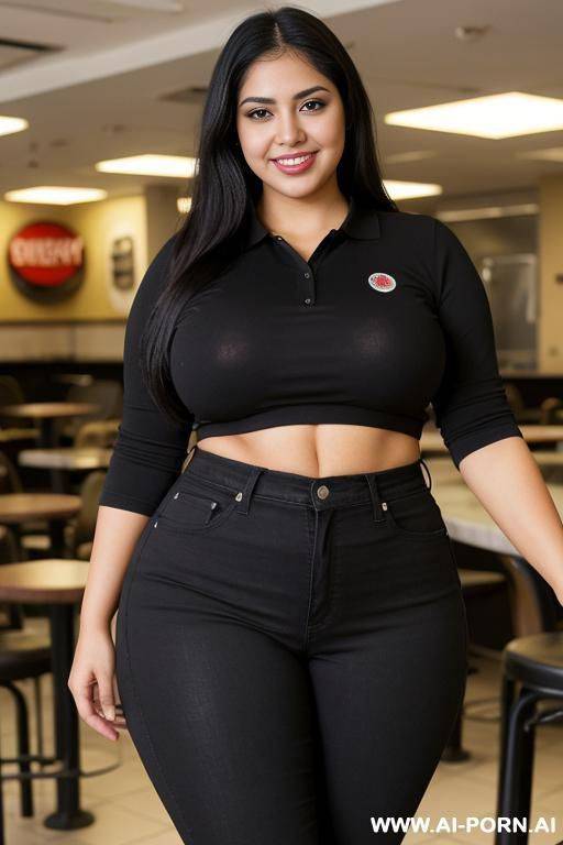 mexican, morena, tradicional, pretty, wide hips, fully clothed, black polo shirt, high rise jeans, extra thicc, very plump - #main