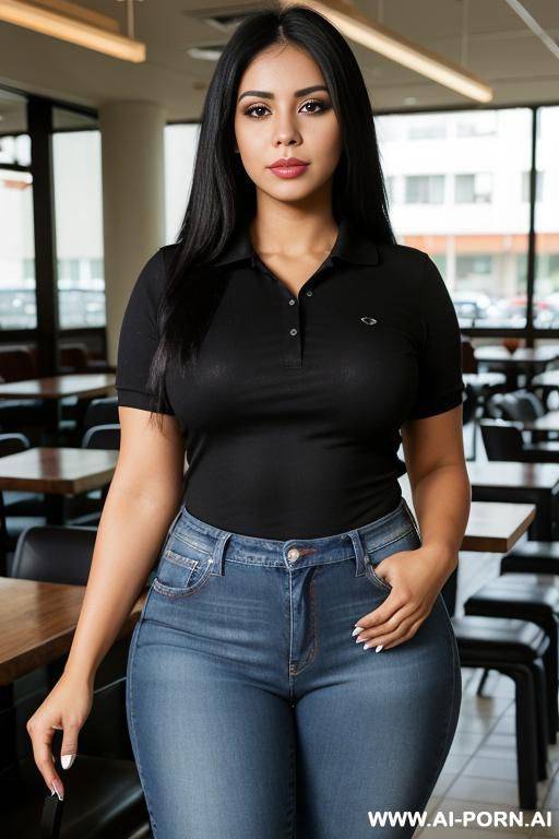 mexican, morena, tradicional, pretty, wide hips, fully clothed, black polo shirt, high rise jeans - #main