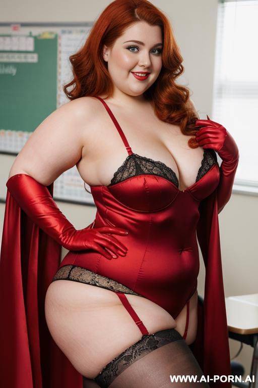 close up half body photo shot, about at classroom, chubby ((very obese and handlovess)) redhead fat bbw teacher, wearing a hot heroine (red and yellow suit), with a flowing cape and gloves, and stocking. - #main