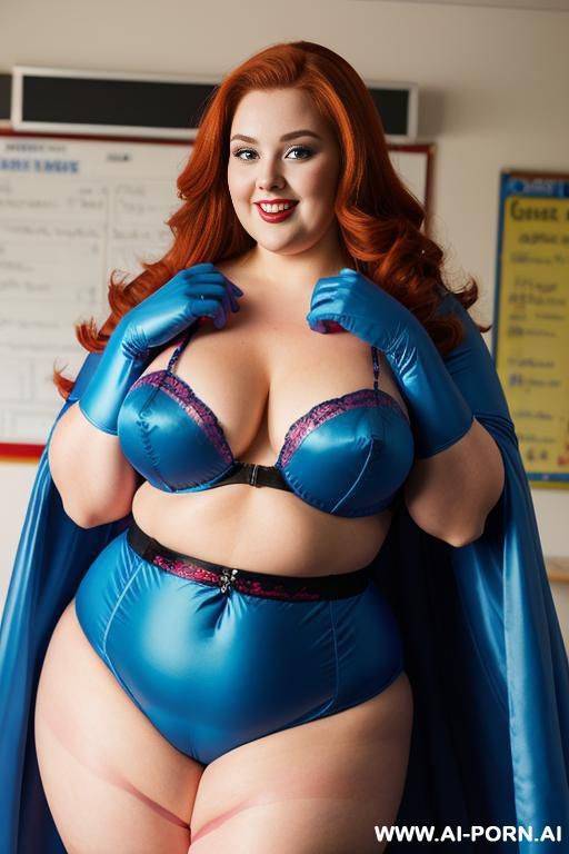 close up half body photo shot, about at classroom, chubby ((very obese and handlovess)) fat bbw super-heroine comic, wearing a hot heroine (electric and luminous colors suit), with a flowing cape and gloves, and stocking. - #main