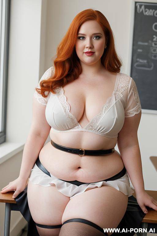 close up full body photo shot, about at classroom, chubby very ((very obese)) redhead fat bbw curvy teacher, wearing a sexy and hot micro ruffle leather skirt, and elegant top, teaching to the classroom. ((dynamic angle)), perfect face - #main