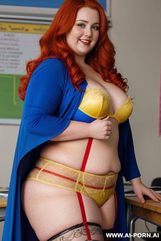 close up half body photo shot, about at classroom, chubby ((very obese and handlovess)) redhead fat bbw teacher, wearing a hot heroine (red, blue and yellow suit), with a flowing cape and and stocking. - #main