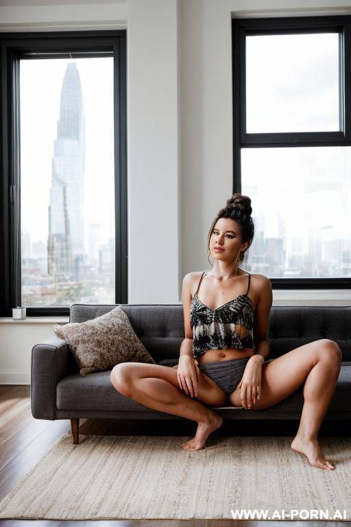 in a well-lit room with large windows that offer a view of a cityscape. the room has a modern design with a gray sofa, a wooden coffee table, and a vase with dried plants. the piano - #main