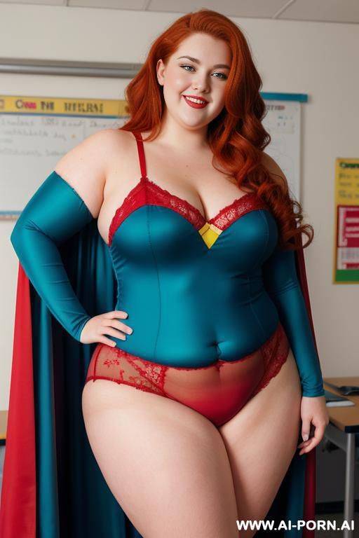 close up half body photo shot, about at classroom, chubby ((obese and handlovess)) redhead fat bbw teacher, wearing a hot heroine (red, blue and yellow suit), with a flowing cape and and stocking. - #main