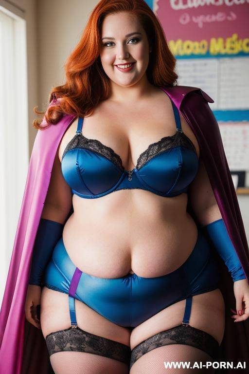 close up half body photo shot, about at classroom, chubby ((very obese and handlovess)) redhead fat bbw teacher, wearing a hot heroine (electric colors suit), with a flowing cape and gloves, and stocking. - #main