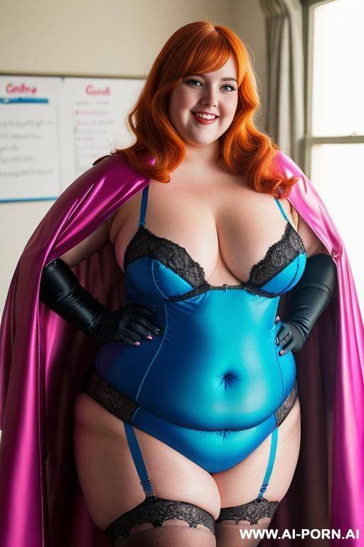 close up half body photo shot, about at classroom, chubby ((very obese and handlovess)) fat bbw super-heroine comic, wearing a hot heroine (electric and luminous colors suit), with a flowing cape and gloves, and stocking. - #main