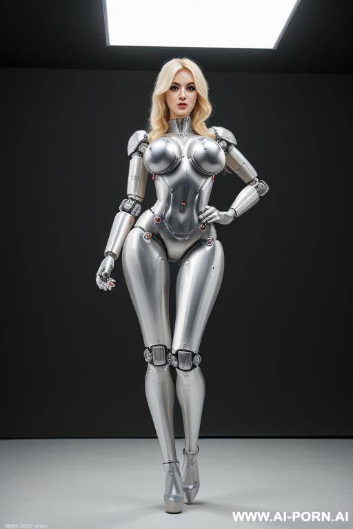 blonde robot, front view, full body view, running, looking at viewer, silicone skin, fully silver robotic body, huge robotic tits, shapely robotic arms, shapely robotic legs, big robotic ass, - #main