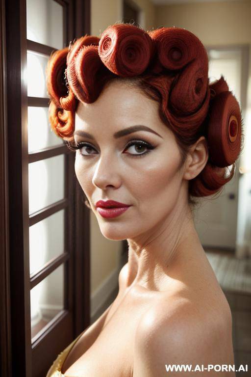 very beautiful natural mature, elegant mother, perfect face, pout mouth, full lips, beehive hairstyle, updo hair, ((colored hair curlers )), leaning in the doorframe, bedroom door, seductive positive look - #main