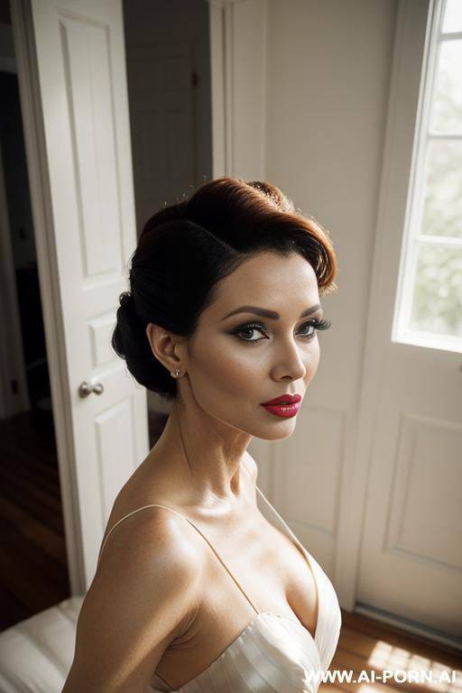 very beautiful mature, elegant mother, perfect face, pout mouth, full lips, beehive hairstyle, updo hair, curlers in hair, leaning in the doorframe, bedroom door, seductive positive look, fulltransparent morning gown - #main