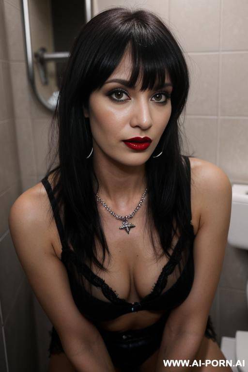 woman squatting, dark red lipstick, rocker look, high boots, deep cleavage, necklace, bangles and rings, cumshot all over her face and chest - #main