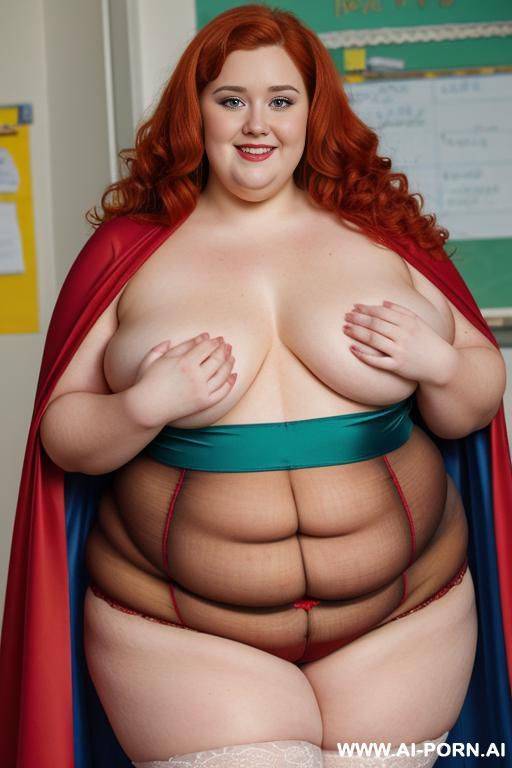 close up half body photo shot, about at classroom, chubby ((very obese and handlovess)) redhead fat bbw teacher, wearing a hot heroine (red, blue and yellow suit), with a flowing cape and and stocking. - #main