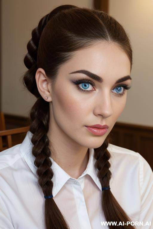 facial features, 1, womanager, , beautiful face, thick eyebrows, full lips, big eyelashes, big blue eyes, beautiful ears, high cheekbones, nose, hair color brown, standing, full h, opposite the - #main