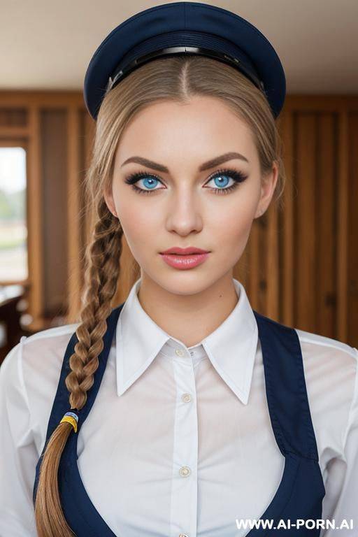sweet, 18 years old, neat and beautiful face, plump lips, big eyelashes, blue eyes, dark blond, full h, stands in front of the table, uniform - #main