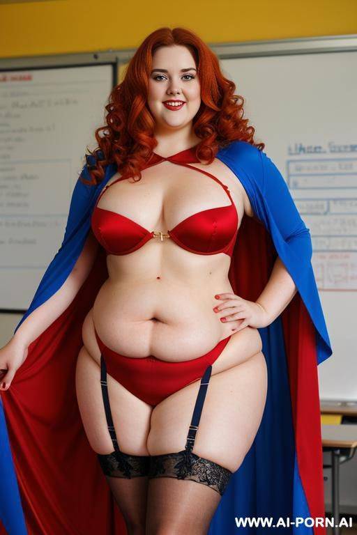 close up half body photo shot, about at classroom, chubby ((obese and curvy fat handlovess)) redhead fat bbw teacher, wearing a hot heroine (red, blue and yellow suit), with a flowing cape and and stocking. - #main