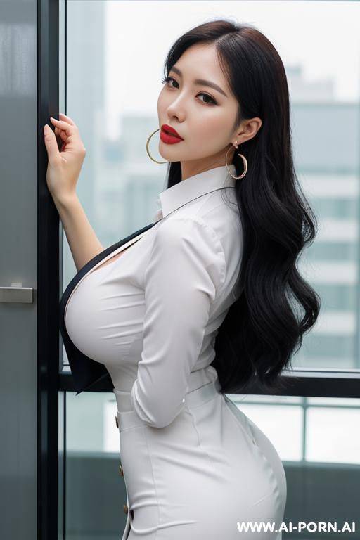 stretching, round boobs, extremely pretty, full lips, button nose, eye contact, ahegao, flowing hair, hoop earrings, extremely narrow waist - #main