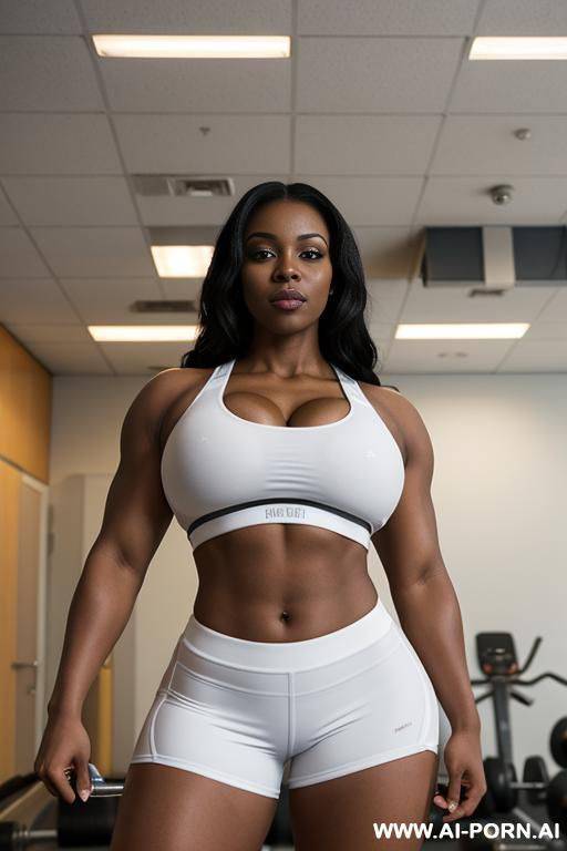 gorgeous woman, mid workout, , massive boobs, plump hips, 2, backshot, gym background, ebony, black hair, seductive look, tight workout shorts, sports bra, buxom frame - #main