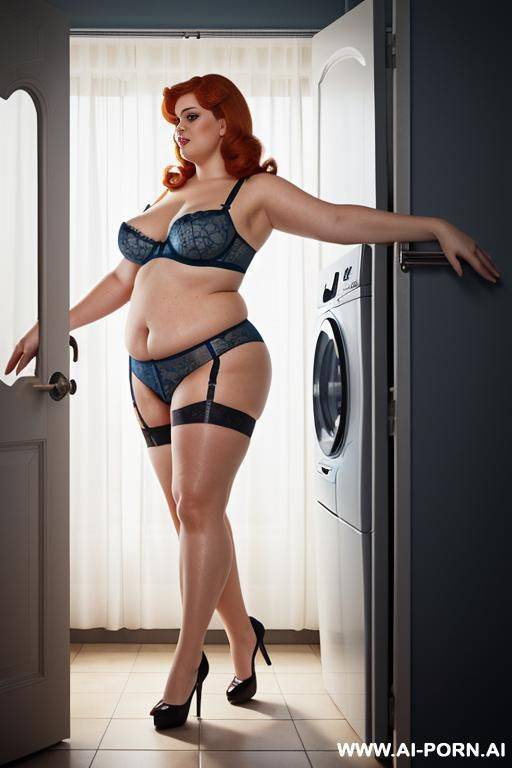 ((((half body photo shot close up)))). as a set in the laundry area, a (((very big obese))) fat chubby fat thick and bbw redhead british, ((she is washing clothes)). she has lovehandless. she - #main