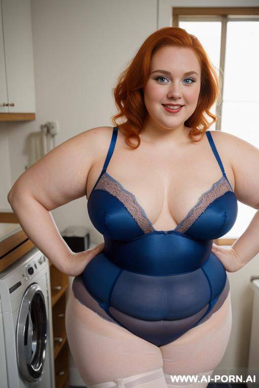 (((half body photo shot close up))). as a set in the laundry area, a (((very obese bbw with lovehandless))) fat chubby fat thick and bbw redhead british, ((she is washing clothes)). she has - #main