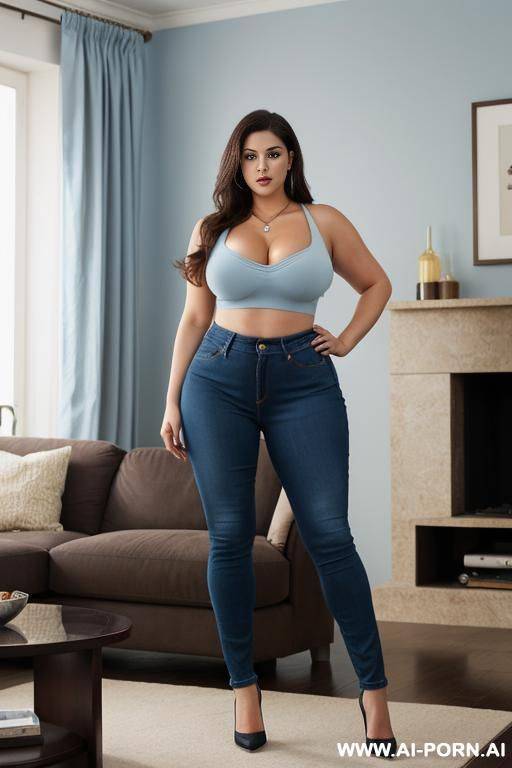 voluptuous woman, full body, standing, long dark brown hair, triangular hips, thick thighs, wearing light blue and dark blue tight jeans, living room - #main