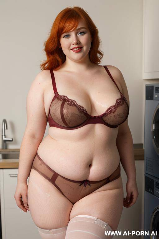 ((half body photo shot close up)). as a set in the laundry area, a (((very fat and obese))) fat chubby fat thick and bbw redhead british, ((she is washing clothes)). she has lovehandless. - #main