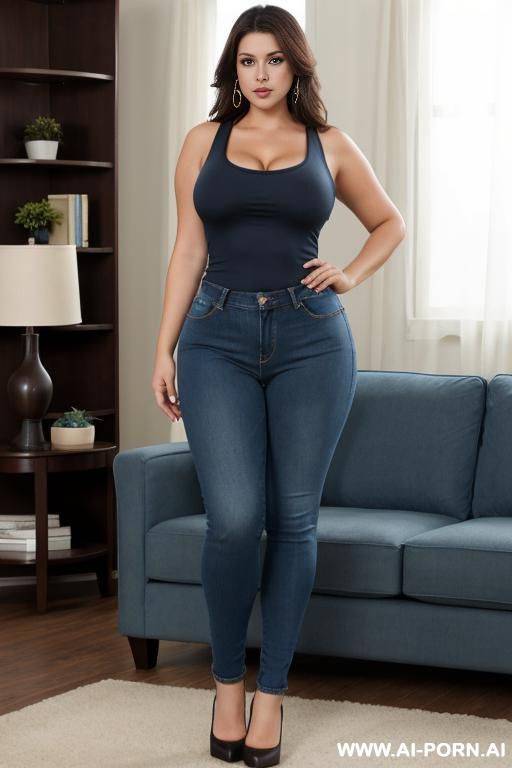 voluptuous woman, full body, standing, long dark brown hair, triangular hips, thick thighs, wearing light-blue jeans and dark-blue tight tank top, living room - #main