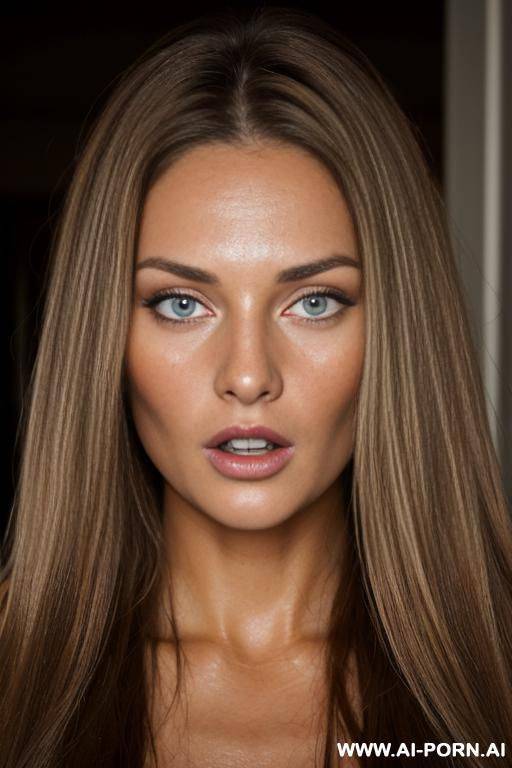 a beautiful naked woman with very long brown hair with blonde highlights, a light tan complexion - #main